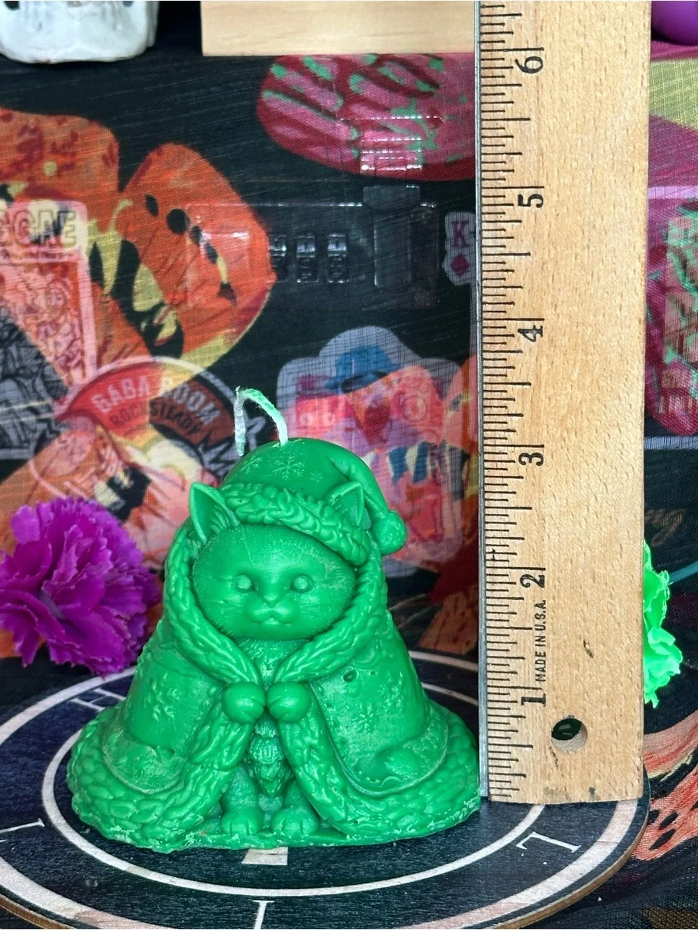 Handmade Green Winter Cat Candle – Cozy Cloaked Kitty
